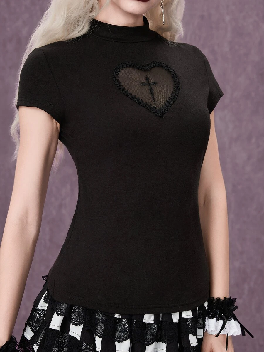 ROMWE Goth Kaos Wanita Lengan Pendek Slim Fit dengan Kerah Tegak dan Patchwork Jala Kasual Serbaguna - Hitam - View 1