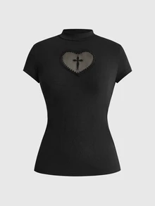 ROMWE Goth Kaos Wanita Lengan Pendek Slim Fit dengan Kerah Tegak dan Patchwork Jala Kasual Serbaguna - Hitam - View 10
