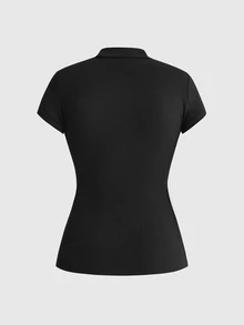 ROMWE Goth Kaos Wanita Lengan Pendek Slim Fit dengan Kerah Tegak dan Patchwork Jala Kasual Serbaguna - Hitam - View 11