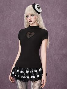 ROMWE Goth Kaos Wanita Lengan Pendek Slim Fit dengan Kerah Tegak dan Patchwork Jala Kasual Serbaguna - Hitam - View 7