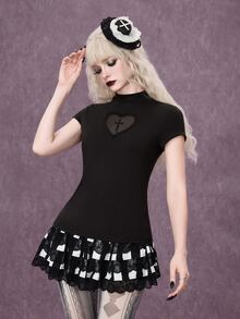 ROMWE Goth Kaos Wanita Lengan Pendek Slim Fit dengan Kerah Tegak dan Patchwork Jala Kasual Serbaguna - Hitam - View 5