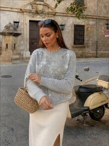 Anewsta Women's Fall/Winter Elegant French Casual Grey Leopard Print Sequin Round Neck Drop Shoulder Loose Knit Pullover Sweater For Party Everyday Christmas - Light Grey - View 5