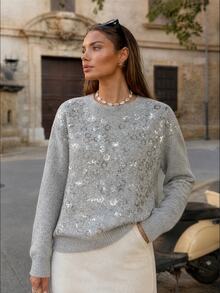 Anewsta Women's Fall/Winter Elegant French Casual Grey Leopard Print Sequin Round Neck Drop Shoulder Loose Knit Pullover Sweater For Party Everyday Christmas - Light Grey - View 3