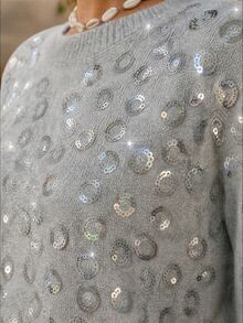 Anewsta Women's Fall/Winter Elegant French Casual Grey Leopard Print Sequin Round Neck Drop Shoulder Loose Knit Pullover Sweater For Party Everyday Christmas - Light Grey - View 4