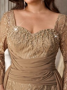 Aureia Plus Size Elegant Romantic Luxury French Lace Patchwork Chiffon Pleated Decor Collar Embellished With Pearls And Rhinestones Fitted Mermaid Hem With Flutter Sleeves Suitable For Wedding Party Celebration Formal Event Evening Gown (Heavy Workmanship Design) - Champagne - View 8