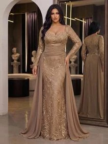 Aureia Plus Size Elegant Romantic Luxury French Lace Patchwork Chiffon Pleated Decor Collar Embellished With Pearls And Rhinestones Fitted Mermaid Hem With Flutter Sleeves Suitable For Wedding Party Celebration Formal Event Evening Gown (Heavy Workmanship Design) - Champagne - View 4