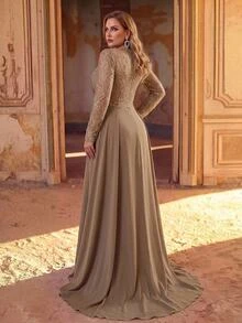 Aureia Plus Size Elegant Romantic Luxury French Lace Patchwork Chiffon Pleated Decor Collar Embellished With Pearls And Rhinestones Fitted Mermaid Hem With Flutter Sleeves Suitable For Wedding Party Celebration Formal Event Evening Gown (Heavy Workmanship Design) - Champagne - View 3