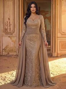 Aureia Plus Size Elegant Romantic Luxury French Lace Patchwork Chiffon Pleated Decor Collar Embellished With Pearls And Rhinestones Fitted Mermaid Hem With Flutter Sleeves Suitable For Wedding Party Celebration Formal Event Evening Gown (Heavy Workmanship Design) - Champagne - View 6