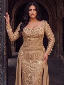 Aureia Plus Size Elegant Romantic Luxury French Lace Patchwork Chiffon Pleated Decor Collar Embellished With Pearls And Rhinestones Fitted Mermaid Hem With Flutter Sleeves Suitable For Wedding Party Celebration Formal Event Evening Gown (Heavy Workmanship Design) - Champagne - View 1