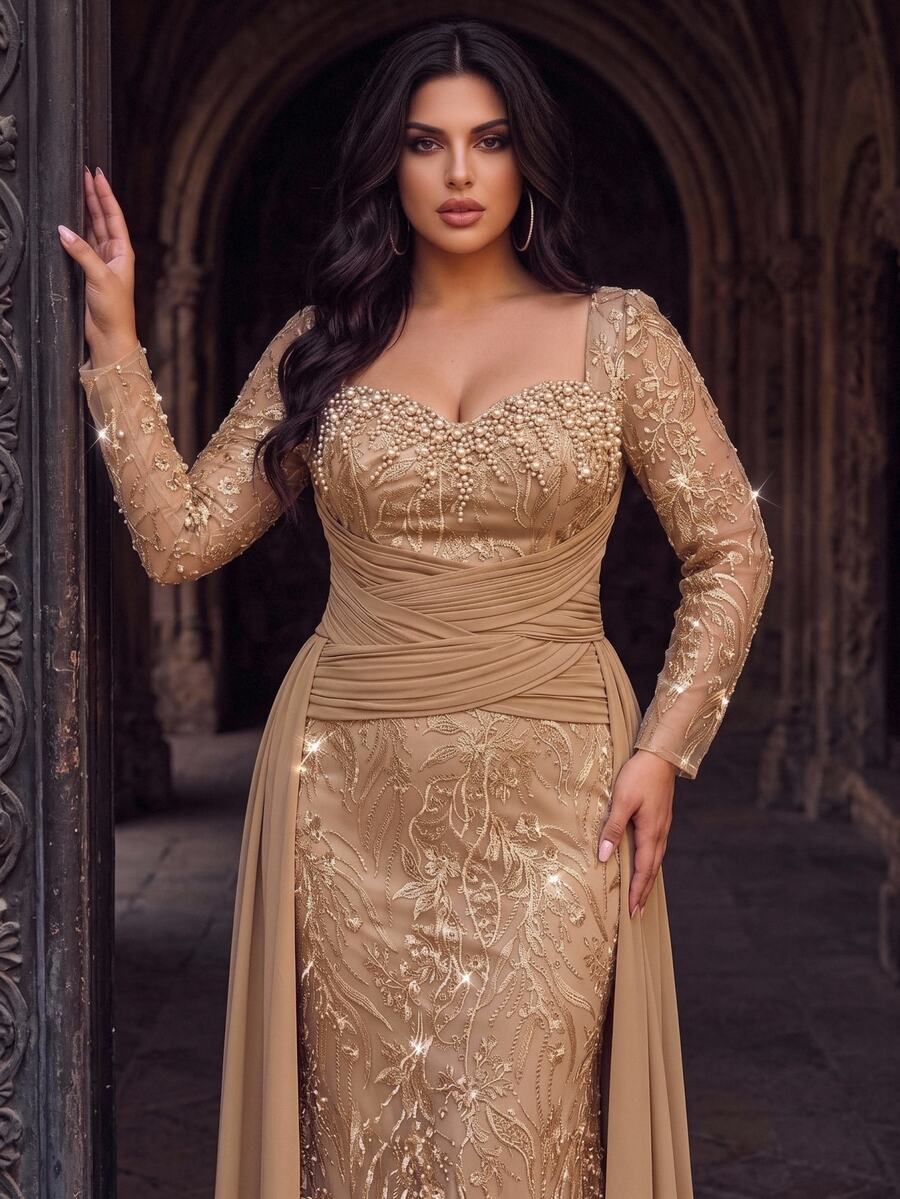 Aureia Plus Size Elegant Romantic Luxury French Lace Patchwork Chiffon Pleated Decor Collar Embellished With Pearls And Rhinestones Fitted Mermaid Hem With Flutter Sleeves Suitable For Wedding Party Celebration Formal Event Evening Gown (Heavy Workmanship Design) - Champagne - View 1
