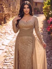 Aureia Plus Size Elegant Romantic Luxury French Lace Patchwork Chiffon Pleated Decor Collar Embellished With Pearls And Rhinestones Fitted Mermaid Hem With Flutter Sleeves Suitable For Wedding Party Celebration Formal Event Evening Gown (Heavy Workmanship Design) - Champagne - View 5