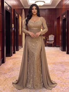 Aureia Plus Size Elegant Romantic Luxury French Lace Patchwork Chiffon Pleated Decor Collar Embellished With Pearls And Rhinestones Fitted Mermaid Hem With Flutter Sleeves Suitable For Wedding Party Celebration Formal Event Evening Gown (Heavy Workmanship Design) - Champagne - View 2