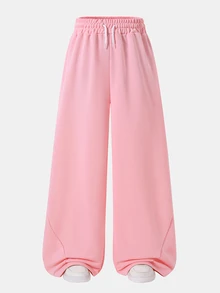 SHEIN Teen Girls Wide Leg Straight Curved Leg Loose Pink Grey Black Sweatpants Baggy Cute Sports Long Pants Summer Beach - Pink - View 4