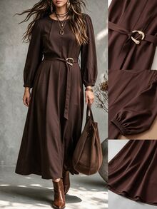 Ceyna Gaun Lengan Panjang Slim Fit Elegan Kasual Prancis Ukuran Plus untuk Wanita, Musim Gugur - Coklat - View 1