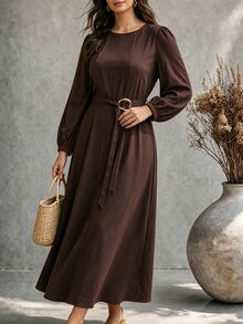 Ceyna Gaun Lengan Panjang Slim Fit Elegan Kasual Prancis Ukuran Plus untuk Wanita, Musim Gugur - Coklat - View 3