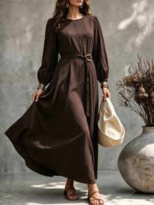 Ceyna Gaun Lengan Panjang Slim Fit Elegan Kasual Prancis Ukuran Plus untuk Wanita, Musim Gugur - Coklat - View 5