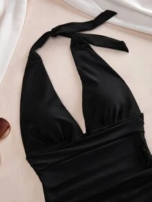 Swim Basics Summer Beach Solid Color Backless Halter One-Piece Swimsuit - Black - View 5