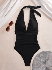 Swim Basics Summer Beach Solid Color Backless Halter One-Piece Swimsuit - Black - View 4