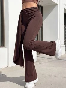 Slayform Women's Solid Color Ribbon Flared Leg Sports Pants - Coffee Brown - View 2