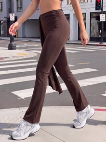 Slayform Women's Solid Color Ribbon Flared Leg Sports Pants - Coffee Brown - View 5