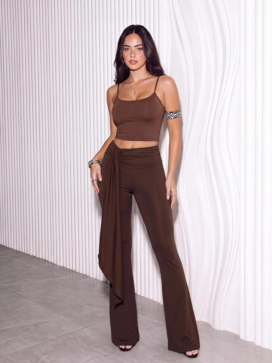 Slayform Women's Solid Color Ribbon Flared Leg Sports Pants - Coffee Brown - View 1