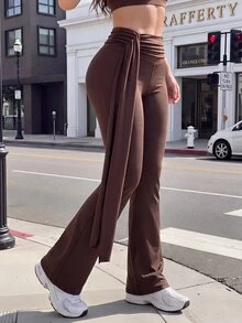 Slayform Women's Solid Color Ribbon Flared Leg Sports Pants - Coffee Brown - View 6