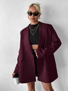 Ritzy Row 女款休閒寬鬆加厚肩墊中長版雙排扣西裝外套 辦公商務風 酒紅色 夏季 - 酒紅色 - 查看 5