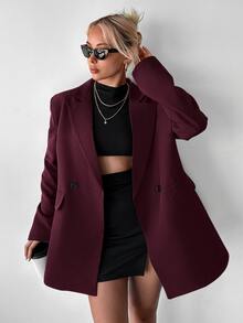 Ritzy Row 女款休閒寬鬆加厚肩墊中長版雙排扣西裝外套 辦公商務風 酒紅色 夏季 - 酒紅色 - 查看 4