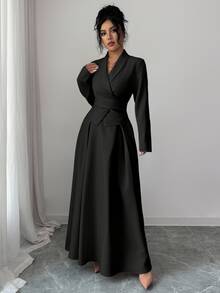 SHEIN 2pcs/Set Women Casual Commuter Wrap Tie Waist Shirt & Pleated A-Line Long Skirt - Black - View 7