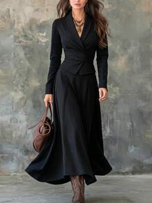 SHEIN 2pcs/Set Women Casual Commuter Wrap Tie Waist Shirt & Pleated A-Line Long Skirt - Black - View 1