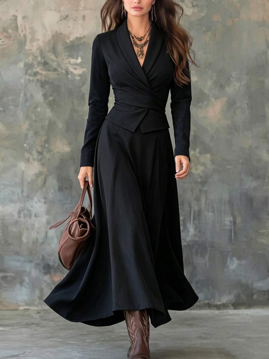 SHEIN 2pcs/Set Women Casual Commuter Wrap Tie Waist Shirt & Pleated A-Line Long Skirt - Black - View 1