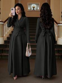 SHEIN 2pcs/Set Women Casual Commuter Wrap Tie Waist Shirt & Pleated A-Line Long Skirt - Black - View 2