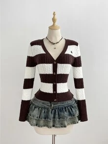 Elamini Women's Casual Versatile Contrast Stripe Classic Cable Knit Daily Commute Autumn/Winter Cardigan Sweater - Coffee Brown - View 6