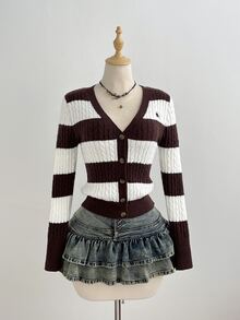 Elamini Women's Casual Versatile Contrast Stripe Classic Cable Knit Daily Commute Autumn/Winter Cardigan Sweater - Coffee Brown - View 5