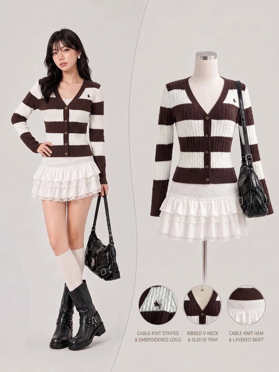 Elamini Women's Casual Versatile Contrast Stripe Classic Cable Knit Daily Commute Autumn/Winter Cardigan Sweater - Coffee Brown - View 1
