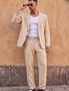 HIMLAND Men's Solid Beige Two Pieces Suit (Single-Breasted Blazer And Straight-Leg Trousers) Relaxed Fit Halloween Winter Party Autumn - Beige - View 9