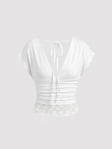 Rovax Women's Deep V-Neck Batwing Short Sleeve Lace Hem Patchwork Top Night Out Going Out White Summer Elegant Sexy - White - View 3