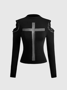 ROMWE Women's Cross Goth Off-Shoulder Lace Sexy Slim Fit Base Layer Top, Versatile Hot Girl Style - Black - View 11