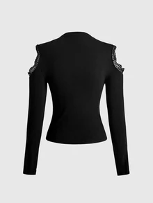 ROMWE Women's Cross Goth Off-Shoulder Lace Sexy Slim Fit Base Layer Top, Versatile Hot Girl Style - Black - View 10