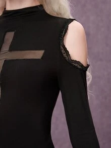 ROMWE Women's Cross Goth Off-Shoulder Lace Sexy Slim Fit Base Layer Top, Versatile Hot Girl Style - Black - View 6
