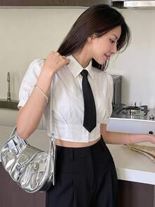 SHEIN MOD 純色白色短版襯衫附領結，短袖上衣，畢業季 - 白色 - 查看 1