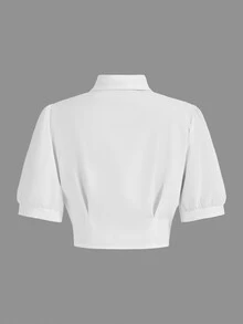 SHEIN MOD 純色白色短版襯衫附領結，短袖上衣，畢業季 - 白色 - 查看 2