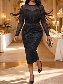 Fleurora Rok Berkilau Seksi Elegan Ukuran Plus dengan Belahan Belakang untuk Pesta Malam, Acara Formal Musim Gugur, Warna Hitam - Hitam - View 8