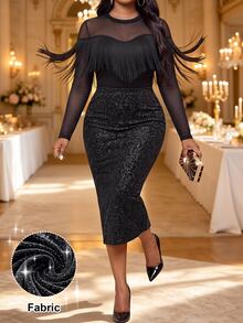 Fleurora Rok Berkilau Seksi Elegan Ukuran Plus dengan Belahan Belakang untuk Pesta Malam, Acara Formal Musim Gugur, Warna Hitam - Hitam - View 1