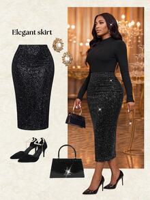 Fleurora Rok Berkilau Seksi Elegan Ukuran Plus dengan Belahan Belakang untuk Pesta Malam, Acara Formal Musim Gugur, Warna Hitam - Hitam - View 7