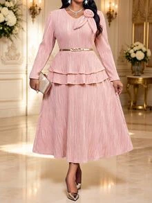 Fleurora Plus Size Women's 3D Floral Decor Long Sleeve Top And Skirt Elegant 2-Piece Set - Pink - View 5