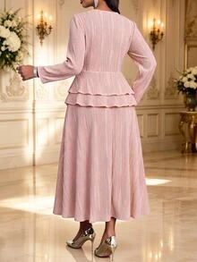 Fleurora Plus Size Women's 3D Floral Decor Long Sleeve Top And Skirt Elegant 2-Piece Set - Pink - View 2