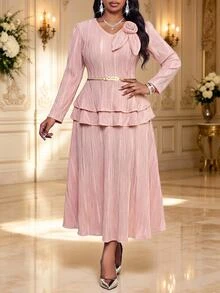 Fleurora Plus Size Women's 3D Floral Decor Long Sleeve Top And Skirt Elegant 2-Piece Set - Pink - View 3