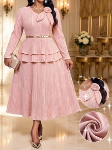 Fleurora Plus Size Women's 3D Floral Decor Long Sleeve Top And Skirt Elegant 2-Piece Set - Pink - View 1