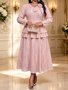 Fleurora Plus Size Women's 3D Floral Decor Long Sleeve Top And Skirt Elegant 2-Piece Set - Pink - View 4